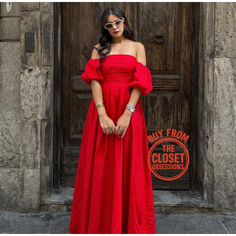 Mango Red Poplin Midi Dress NWT Off Shoulder Puff Sleeve Cotton Size 6 - Picture 2 of 16